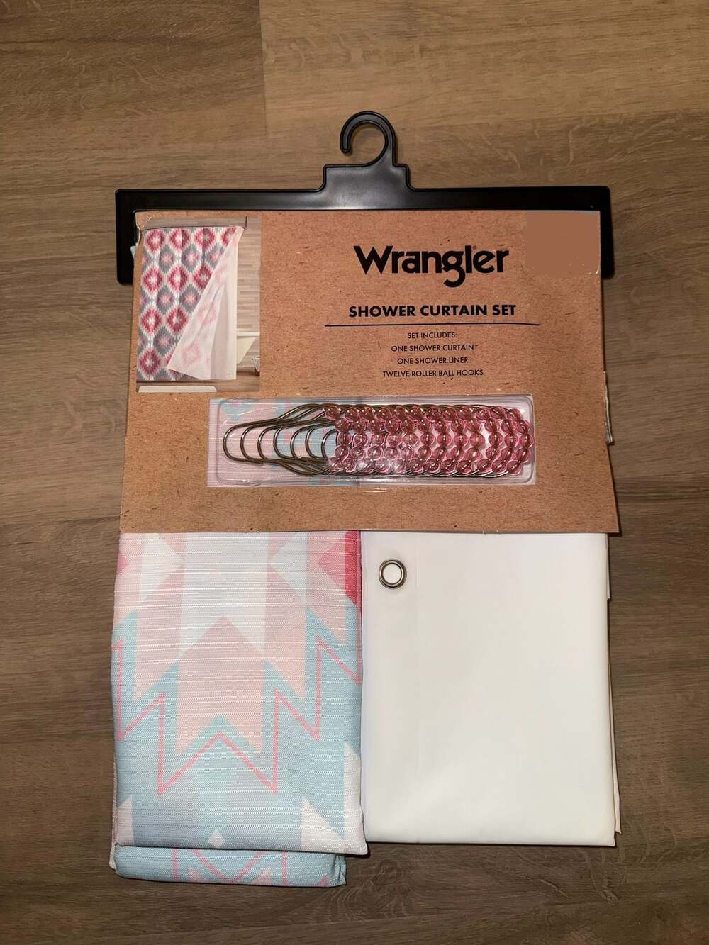 Wrangler Shower Curtain Set Aztec Blue Southwestern Style with Liner and Hooks